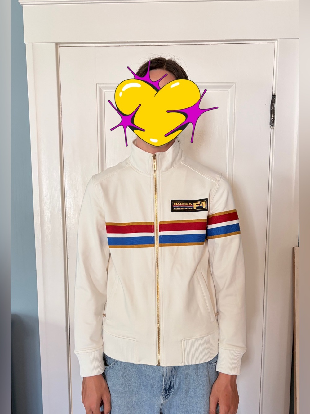 Vintage Honda F1 Cream Track Jacket with Red & Blue Racing Stripes